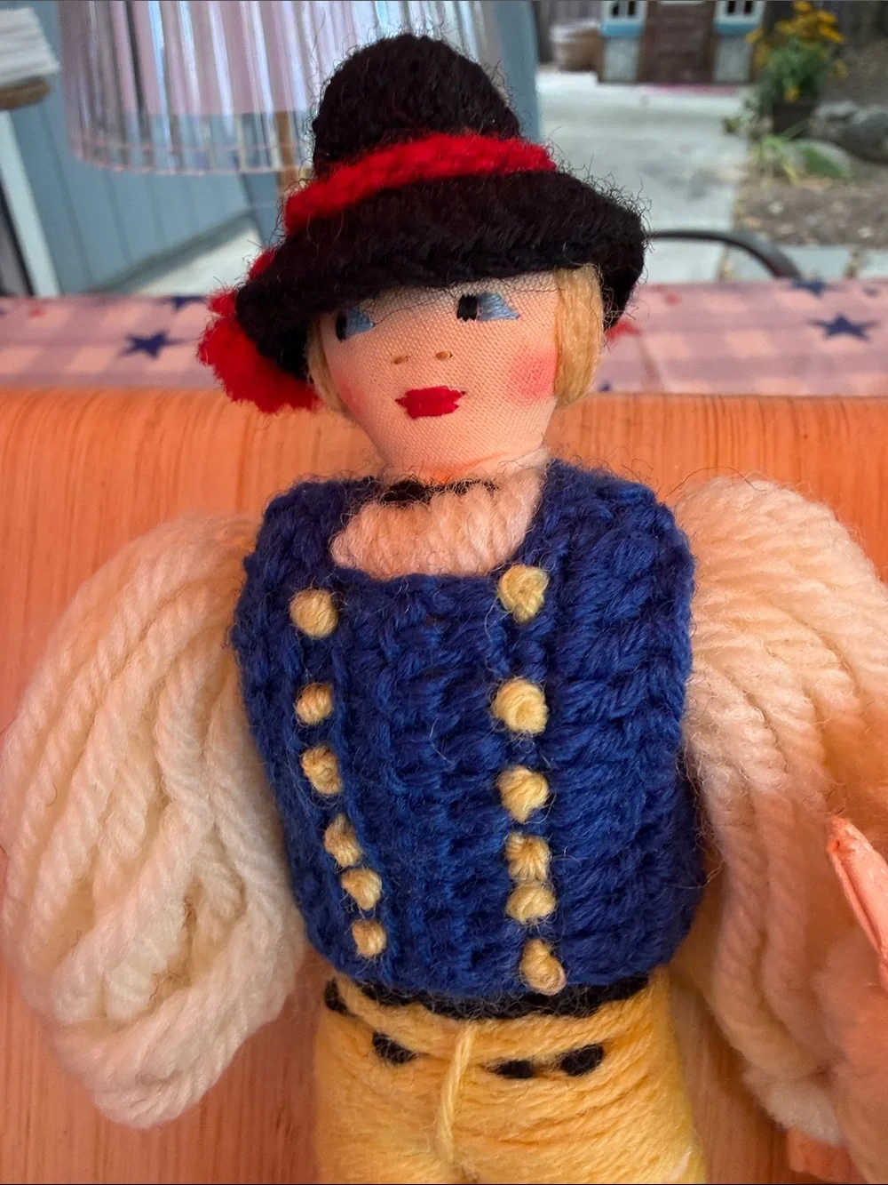Handmade Blue & Red Yarn Folk Doll Pair with Yellow Accents